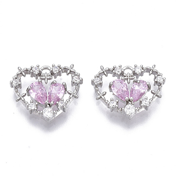 Brass Micro Cubic Zirconia Charms, Nickel Free, Heart, Pink & Clear, Real Platinum Plated, 12x14x3mm, Hole: 1mm