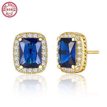 Cubic Zirconia Rectangle Stud Earrings, Real 18K Gold Plated 925 Sterling Silver Earrings, Blue, 11x9mm