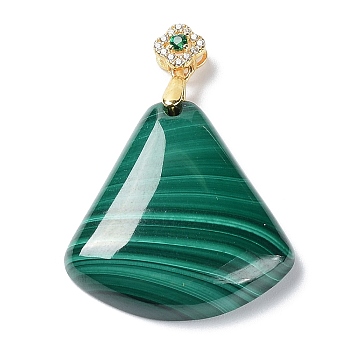 Natural Malachite Pendants, Fan Shaped Charms, with Golden Plated Flower 925 Sterling Rhinestone Snap on Bails, 29x25x6mm, Hole: 3.5x1.5mm