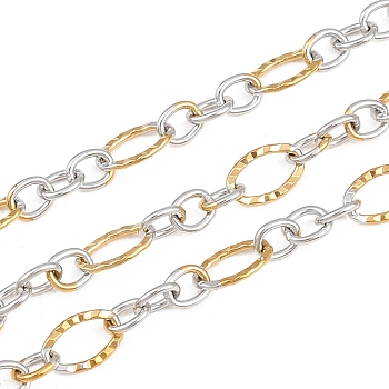 Two Tone 304 Stainless Steel Textured Oval Link Chains, Soldered, Ion Plating(IP), with Spool, Golden & Stainless Steel Color, 4~7.5x3.5~5x1mm