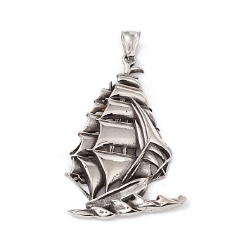 304 Stainless Steel Pendants, Sailing, Antique Silver, 55.5x38x5.5mm, Hole: 8x4mm