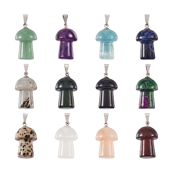12Pcs 12 Style Natural Gemstone Pendants, with Platinum Tone Brass Findings, Mushroom, 29.5x14mm, Hole: 2.4mm, 1pc/style