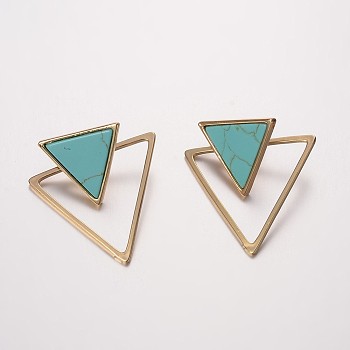 Synthetic Turquoise Ear Studs, with Brass Findings, Triangle, Golden, 37x33x1.5~3mm, Pin: 0.7mm