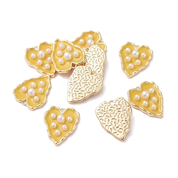 Brass Enamel Pendants, with Acrylic Pearl, Heart, Real 18K Gold Plated, Yellow, 16.8x13.5x4mm, Hole: 1.2mm