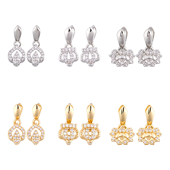 Brass Micro Pave Clear Cubic Zirconia Ice Pick Pinch Bails, Long-Lasting Plated, Mixed Shapes, Platinum & Golden, 12pcs/box