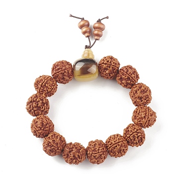 Mala Beads Bracelet, Round Natural Rudraksha Beaded Stretch Bracelet for Women, with Plastic Beads, Coconut Brown, Inner Diameter: 2-5/8 inch(6.6~6.8cm)