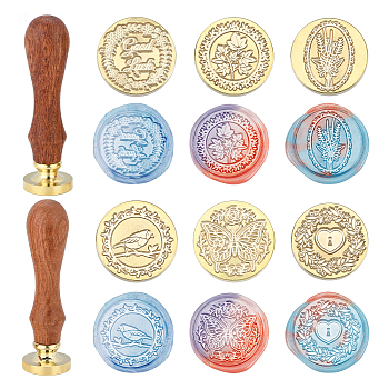 SUPERDANT 6Pcs 6 Style Wax Seal Brass Stamp Head, with 2Pcs Pear Wood Handle, for Wax Seal Stamp, Mixed Patterns, Stamp Head: 25x14.5mm, 1pc/style, 6pcs/bag