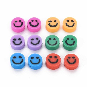 Handmade Polymer Clay Beads, Flat Round with Smiling Face, Mixed Color, 8~9x4mm, Hole: 1.5mm