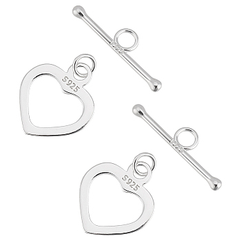 Elite 2Pcs 925 Sterling Silver Toggle Clasps, Heart, 925 Sterling Silver Plated, 21x16mm