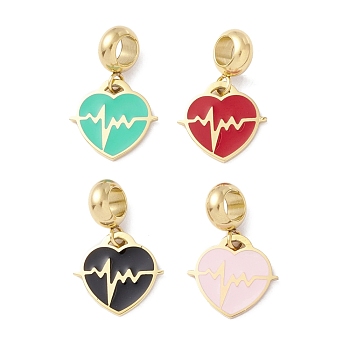 304 Stainless Steel European Dangle Charms, Large Hole Pendants, with Enamel, Golden, Heart & Heartbeat, Mixed Color, 22.5mm, Hole: 4.5mm