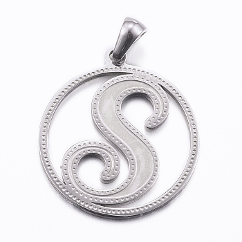304 Stainless Steel Pendants, Flat Round with Letter, Stainless Steel Color, Letter.S, 28x25x1.2mm, Hole: 6x3.5mm