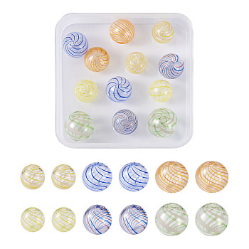 Jewelry 12Pcs 6 Style Transparent Handmade Blown Glass Globe Beads, Stripe Pattern, Round, Mixed Color, 12.5~16.5mm, Hole: 1~2mm, 2pcs/style