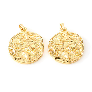 Brass Pendants, Textured, Flat Round with Constellation/Zodiac Sign, Real 18K Gold Plated, Leo, 31.5~34x28~29x3~4mm, Hole: 6x4mm