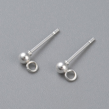 304 Stainless Steel Ball Stud Earring Post, Earring Findings, with Loop, Round, Silver, 14x3mm, Hole: 2mm, Pin: 0.8mm, Round: 3mm