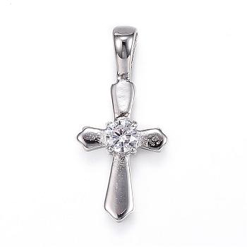 304 Stainless Steel Pendants, with Cubic Zirconia, Cross, Stainless Steel Color, 25x11.5x4mm, Hole: 4x2.5mm