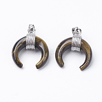 Natural Tiger Eye Pendants, with Brass Findings, Double Horn/Crescent Moon, Platinum, 22~23x19~20x9mm, Hole: 5x7mm(G-E425-11P)