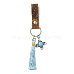 Cowhide Leather Keychain, with Alloy & Synthetic Turquoise Pendant, Nylon Tassels and Alloy Key Rings, Cross, Antique Silver & Platinum, 15cm(KEYC-TAC00026)