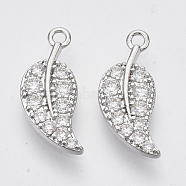 Brass Micro Pave Clear Cubic Zirconia Pendants, Nickel Free, Leaf, Real Platinum Plated, 15.5x6.5x1.5mm, Hole: 1.2mm(ZIRC-T011-12P-NF)