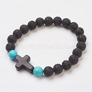 Synthetic Turquoise(Dyed) Beads Stretch Bracelets, with Natural Lava Rock Beads, Round and Cross, 2 inch(5.1cm)(BJEW-JB03710-01)