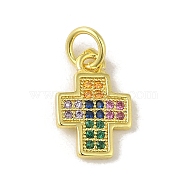 Brass Micro Pave Cubic Zirconia Charms, Real 18K Gold Plated, Cross Charms, Colorful, 13x8.5x1mm, Hole: 3mm(KK-M283-20K-02)