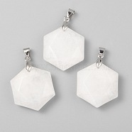 Faceted Natural White Jade Pendants, with Platinum Tone Brass Findings, Hexagon, 28x25x9mm, Hole: 4x5mm(G-F340-03O)