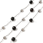 Natural Black Agate Round Beaded Chains, with 304 Stainless Steel Cable Chains, Soldered, with Spool, Stainless Steel Color, 2x0.8x0.1mm, 4mm, 3x2.5mm(CHS-B004-08P)