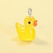 Luminous Opaque Resin Cartoon Pendants, Duck Charms with Platinum Tone Iron Loops, Glow in the Dark, Yellow, 18~21.5x17x11.5mm, Hole: 2.3mm(CRES-Z004-01D-G)