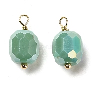 Glass Charms, with Rack Plating Real 18K Gold Plated Brass Loops, Faceted Column, Dark Sea Green, 14.5x7.5mm, Hole: 1.4mm(KK-M266-04G-03)