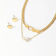 Golden Stainless Steel Jewelry Set, Pendant Necklaces & Stud Earrings, Heart, Necklace: 410mm, Earring: 10mm(QE0758-4)