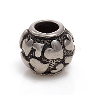 304 Stainless Steel European Beads, Large Hole Beads, Rondelle with Heart, Antique Silver, 11x10mm, Hole: 5mm(STAS-G228-16AS)
