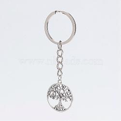 Alloy Pendant Keychain, with Iron Key Ring, Platinum and Antique Silver, Flat Round with Tree, Antique Silver, 86mm(KEYC-JKC00126-01)