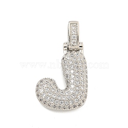 Brass Micro Pave Clear Cubic Zirconia Pendants, Platinum, Letter J, 31x18x5mm, Hole: 3x6mm(KK-B099-01P-J)