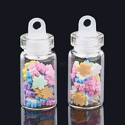 Handmade Polymer Clay Nail Art Decoration Accessories, with Glass Wishing Bottle and CCB Plastic Bottle Stopper, Flower, Colorful, 4x4~4.5x0.5~1mm, bottle: 27.5x11mm, hole: 3mm(X-MRMJ-N032-58)