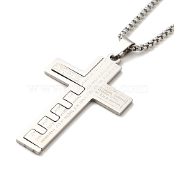 Cross with Word 304 Stainless Steel Pendant Necklace with Box Chains, Stainless Steel Color, 23.62 inch(60cm)(NJEW-F319-02P)