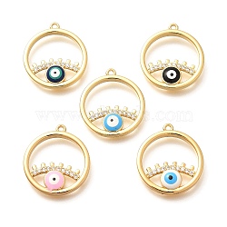 Brass Micro Pave Cubic Zirconia Pendants, with Enamel, Flat Round with Eye Charms, Mixed Color, 20.5x18.5x3.5mm, Hole: 1.5mm(KK-U048-06G)