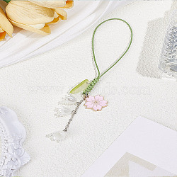 1Pc Flower Alloy Enamel & Lampwork Pendant Decorations, Nylon Rope Hanging Decoration, Pink, 158mm(AJEW-LP0004-61)