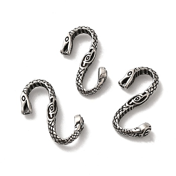 Tibetan Style 304 Stainless Steel S Shaped Snake Clasps, S-Hook Clasps, Antique Silver, 27x14x4mm, Hole: 3x1mm
