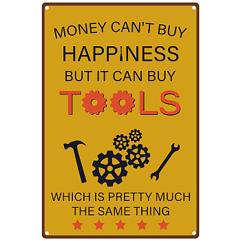 Tinplate Sign Poster, Vertical, for Home Wall Decoration, Rectangle with Word Money Can't Buy Happiness, Gear Pattern, 300x200x0.5mm