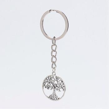 Alloy Pendant Keychain, with Iron Key Ring, Platinum and Antique Silver, Flat Round with Tree, Antique Silver, 86mm