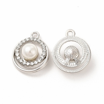 Alloy Rhinestone Pendants, with ABS Plastic Pearl Beaded, Flat Round Charms, Platinum, 21.5x12.5x8.5mm, Hole: 2mm
