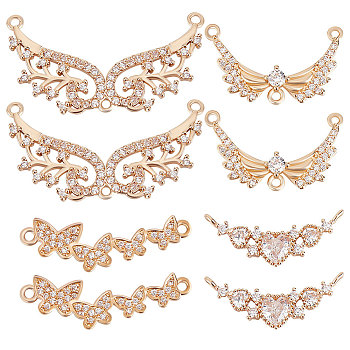 8Pcs 4 Style Brass Pave Clear Cubic Zirconia Links, Wing Chandelier Component Links, Heart & Butterfly Connector Charm, Light Gold, 9.5~17.5x24~34x1.5~3.5mm, Hole: 1.2~2mm, 2pcs/style
