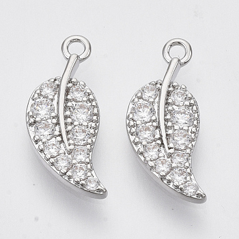 Brass Micro Pave Clear Cubic Zirconia Pendants, Nickel Free, Leaf, Real Platinum Plated, 15.5x6.5x1.5mm, Hole: 1.2mm