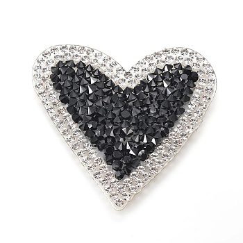Plastic Clothing Patches, with Resin Rhinestone, Heart, Black, 43x50x2.5mm