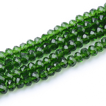Transparent Glass Beads Strands, Faceted, Rondelle, Green, 3x2mm, Hole: 0.5mm, about 160~165pcs/strand, 15.35 inch~15.75 inch(39~40cm)