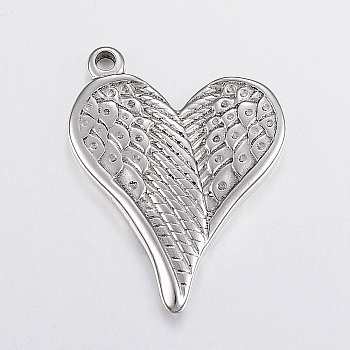 304 Stainless Steel Pendants, Heart with Wing, Stainless Steel Color, 36x28x3.5mm, Hole: 2.5mm