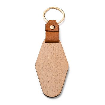 Wooden & Imitation Leather Pendant Keychain, with Iron Rings, Rhombus, 14.5cm
