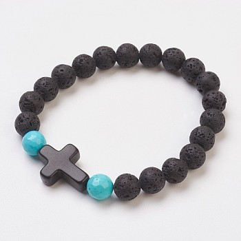 Synthetic Turquoise(Dyed) Beads Stretch Bracelets, with Natural Lava Rock Beads, Round and Cross, 2 inch(5.1cm)