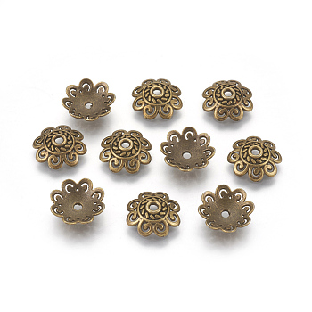 Tibetan Style Alloy Bead Caps, Lead Free & Nickel Free, Flower, Antique Bronze, 12x12x4mm, Hole: 1.5mm