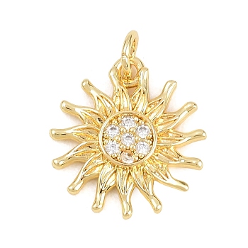 Brass Micro Pave Clear Cubic Zirconia Pendants, Cadmium Free & Lead Free, Sun Charms, Real 18K Gold Plated, 17x16x2.5mm, Hole: 3.5mm