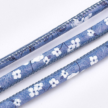 Printed PU Leather Cords, Flower Pattern, Royal Blue, 5~6mm, about 5.46 yards(5m)/roll